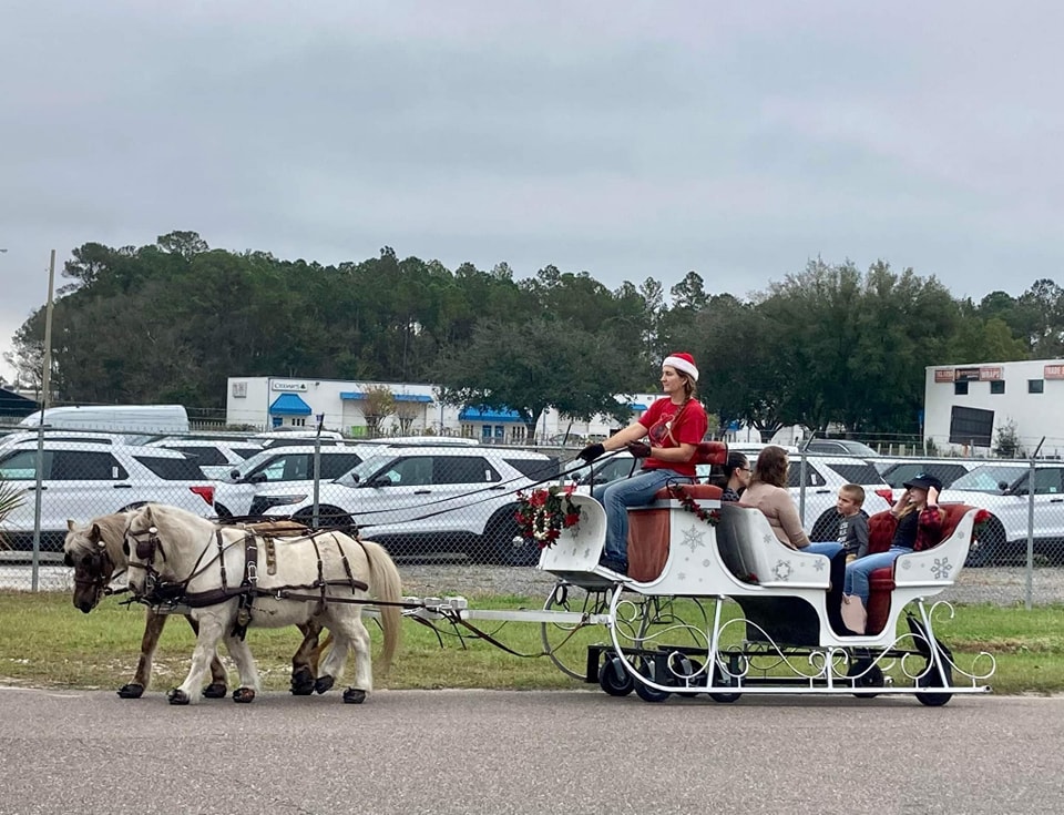 Here's our sleigh giving sleigh rides at a company holiday party in Jacksonville, FL.